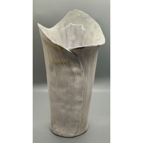Signed Art Red Clay Vase White Leaf Embossed Matte with White Glazed Interior - Picture 2 of 10